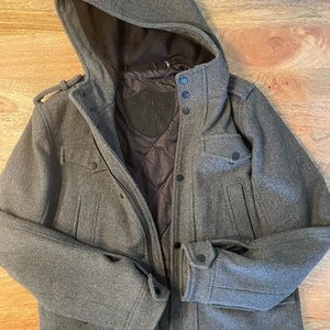 Mens lined wool coat with hood